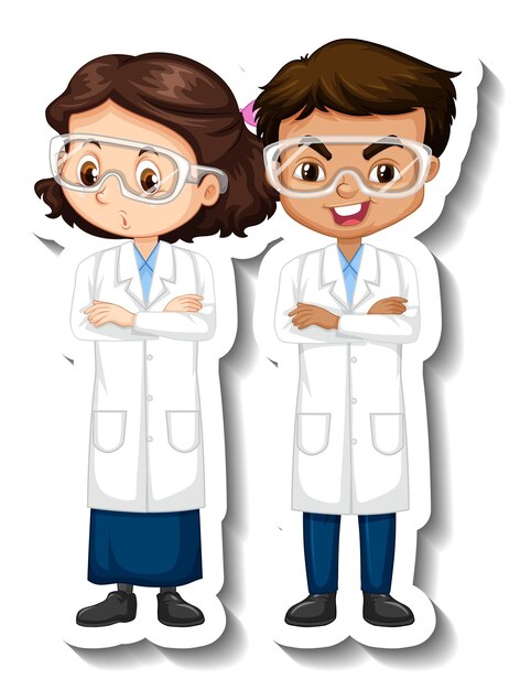 Etiqueta engomada del personaje de dibujos animados con una pareja de científicos en bata de ciencia