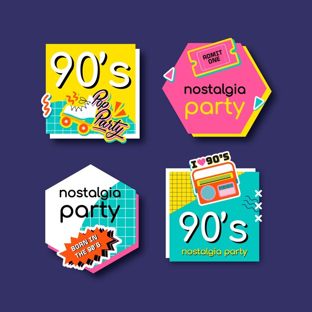 Etiqueta de fiesta de los 90 colorida de diseño plano