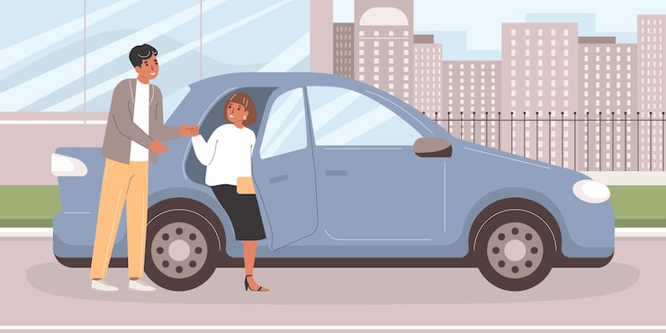 Vector gratuito la etiqueta gobierna la composición plana del paisaje al aire libre con un personaje masculino que ofrece la mano a la mujer que sale de la ilustración del vector del automóvil