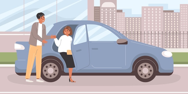 La etiqueta gobierna la composición plana del paisaje al aire libre con un personaje masculino que ofrece la mano a la mujer que sale de la ilustración del vector del automóvil