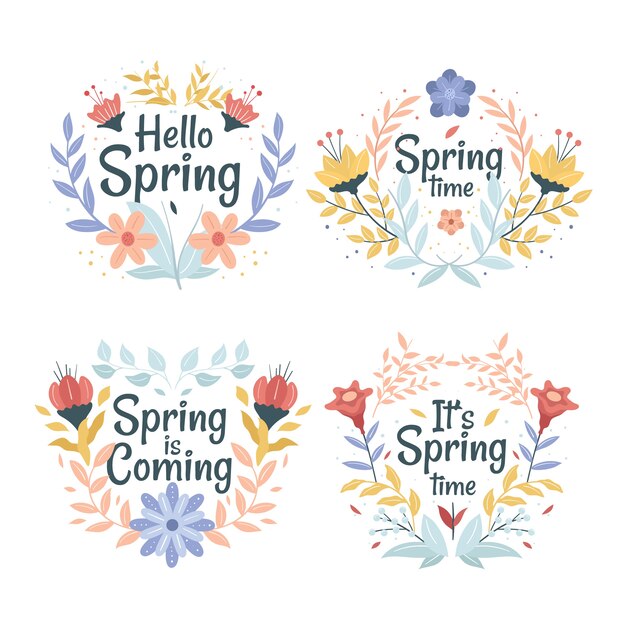 Etiqueta de primavera de diseño plano con flores y hojas