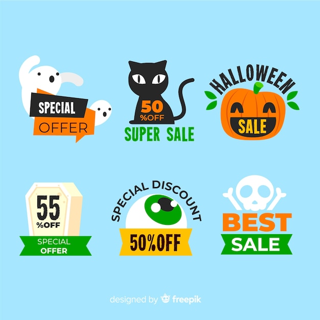 Etiqueta de venta plana con criaturas de halloween