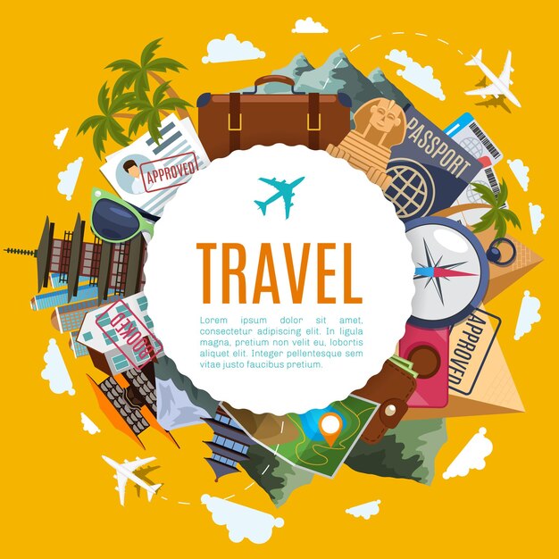 Etiqueta de viajes y turismo con atracciones.
