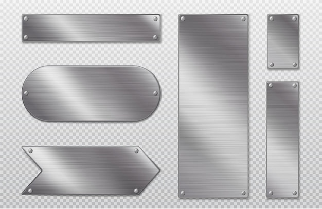 Vector gratuito etiquetas de acero inoxidable con superficie metálica en blanco.