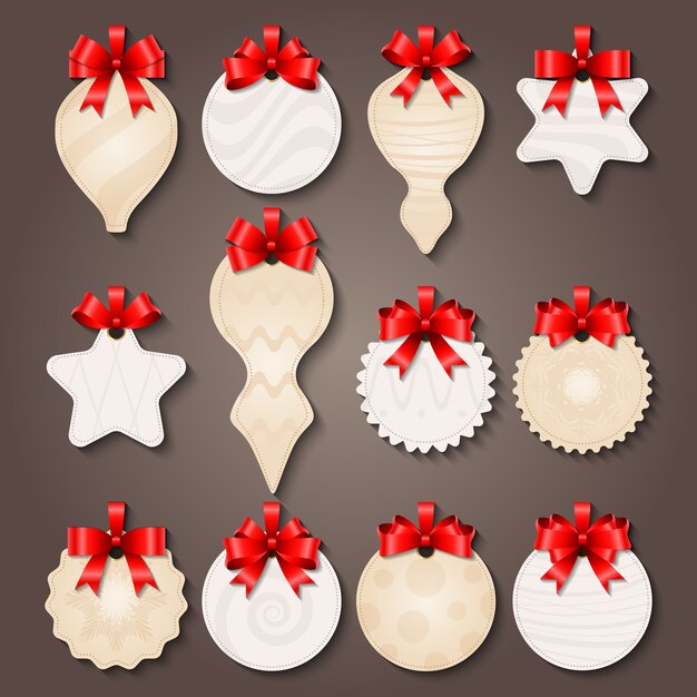 Etiquetas de adornos navideños con lazos
