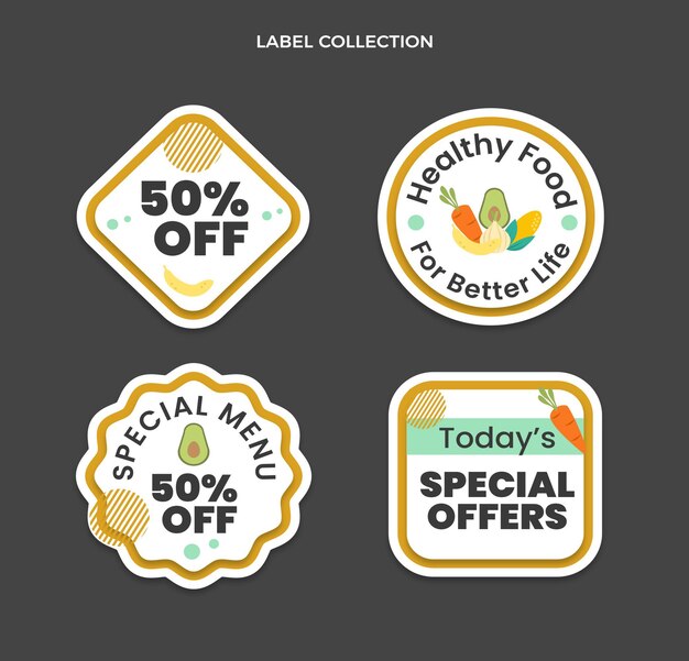 Etiquetas de alimentos de diseño plano con oferta.