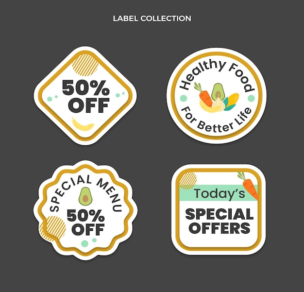 Etiquetas de alimentos de diseño plano con oferta.
