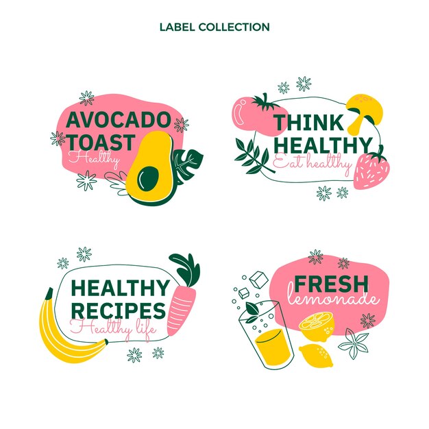 Etiquetas de alimentos saludables de diseño plano