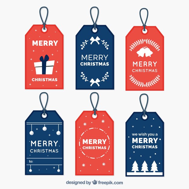 Etiquetas azules y rojas para navidad