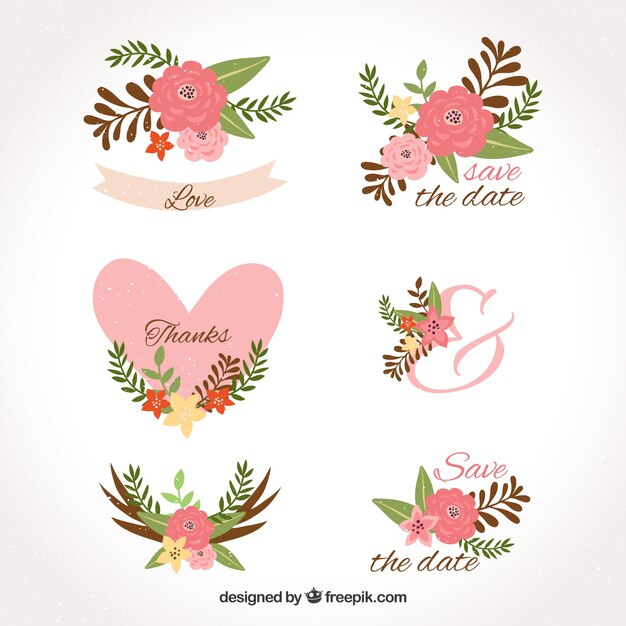 Etiquetas de boda con flores y corazón