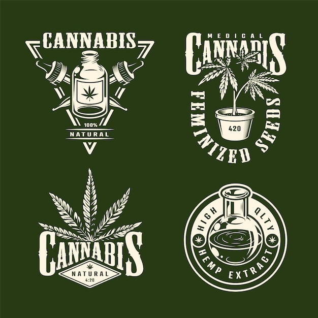Etiquetas de cannabis monocromo vintage con pipetas de aceite de cáñamo plantas de marihuana aislado ilustración vectorial