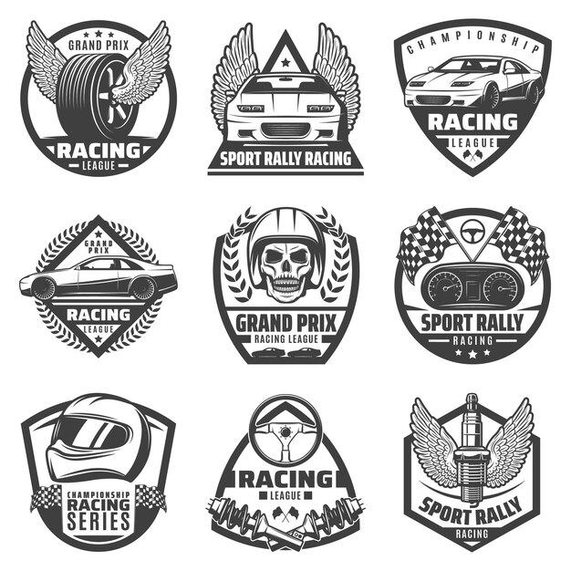 Etiquetas de carreras de coches monocromáticas vintage con vehículos rápidos, piezas de automóvil, casco de calavera, banderas de acabado aisladas