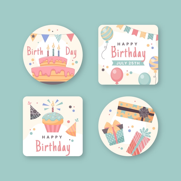 Etiquetas de celebración de cumpleaños dibujadas a mano