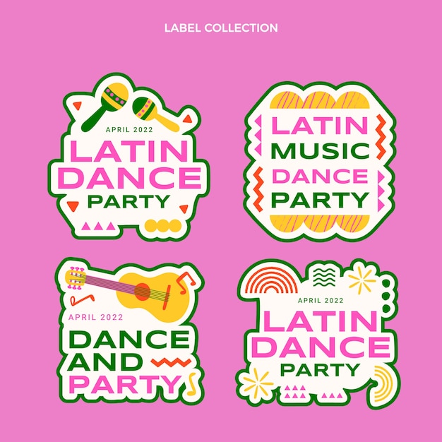 Vector gratuito etiquetas coloridas de fiesta de baile latino dibujadas a mano