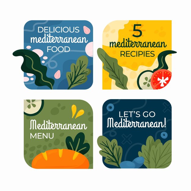 Etiquetas de comida mediterránea de diseño plano