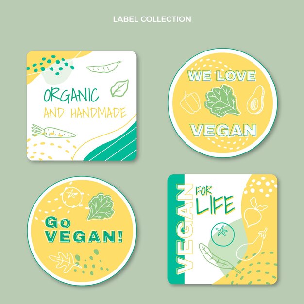 Etiquetas de comida vegana de diseño plano