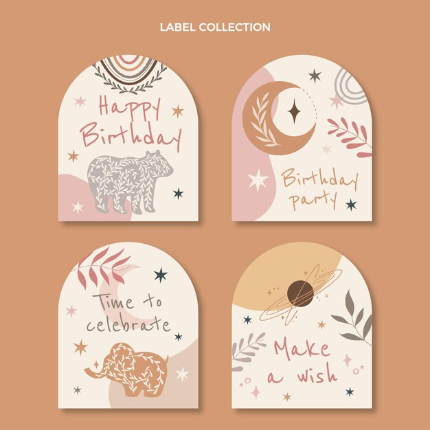Etiquetas cumpleaños boho dibujadas a mano