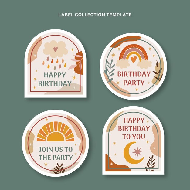 Etiquetas cumpleaños boho dibujadas a mano