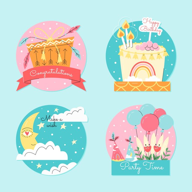 Etiquetas cumpleaños boho dibujadas a mano