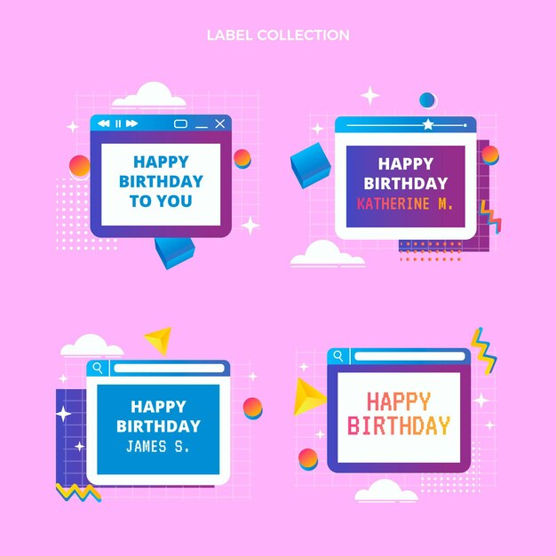 Etiquetas de cumpleaños degradado retro vaporwave