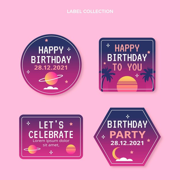 Etiquetas de cumpleaños degradado retro vaporwave