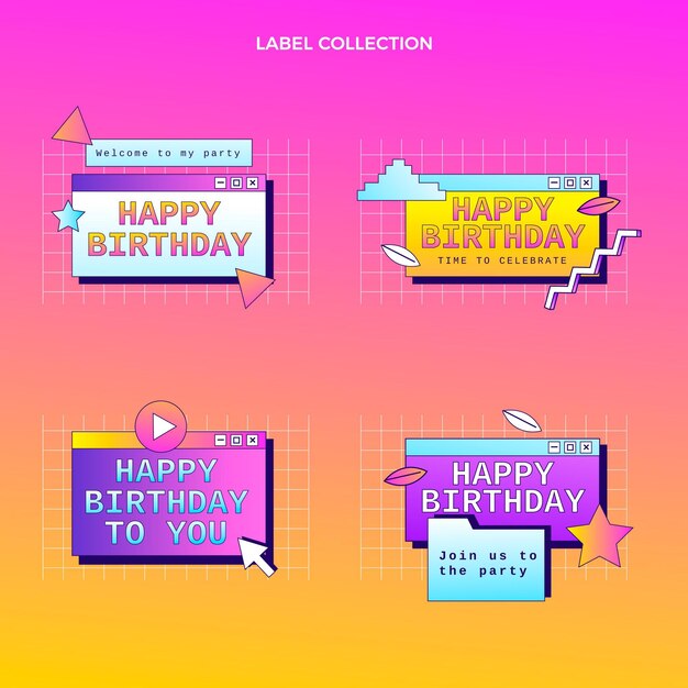Etiquetas de cumpleaños degradado retro vaporwave