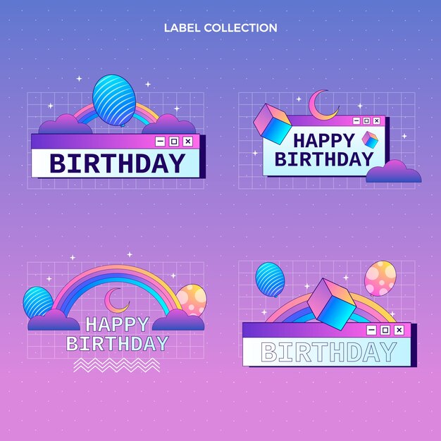 Etiquetas de cumpleaños degradado retro vaporwave