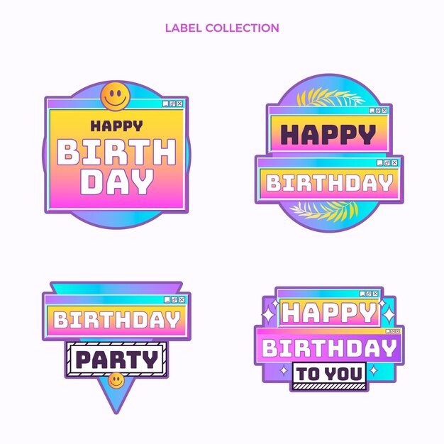 Etiquetas de cumpleaños degradado retro vaporwave