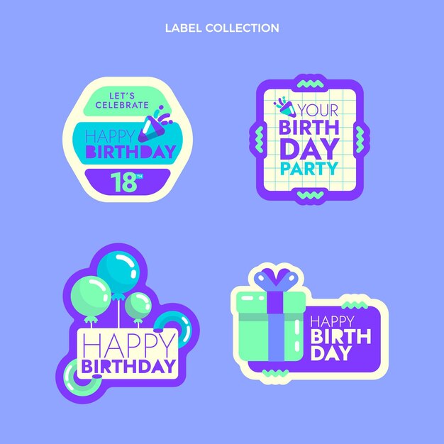Etiquetas de cumpleaños minimalistas de diseño plano