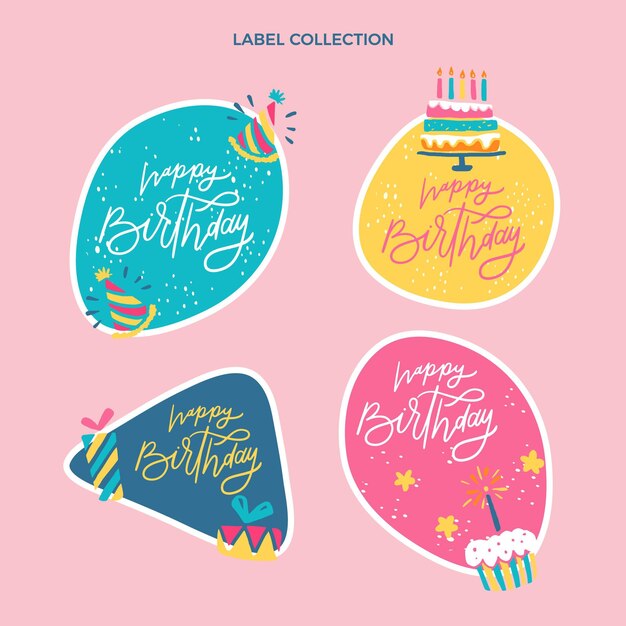 Etiquetas de cumpleaños minimalistas de diseño plano