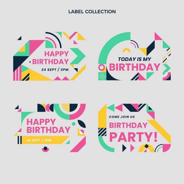 Etiquetas de cumpleaños de mosaico de diseño plano