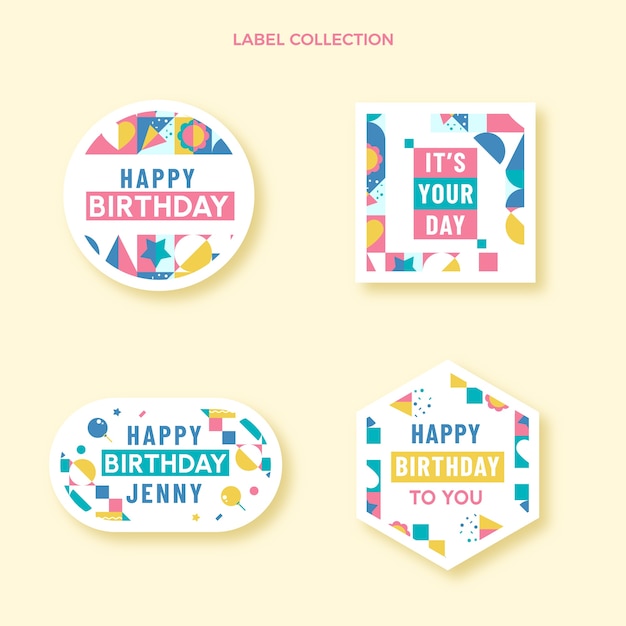 Etiquetas de cumpleaños de mosaico de diseño plano