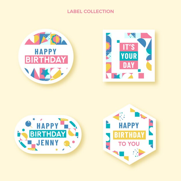 Etiquetas de cumpleaños de mosaico de diseño plano