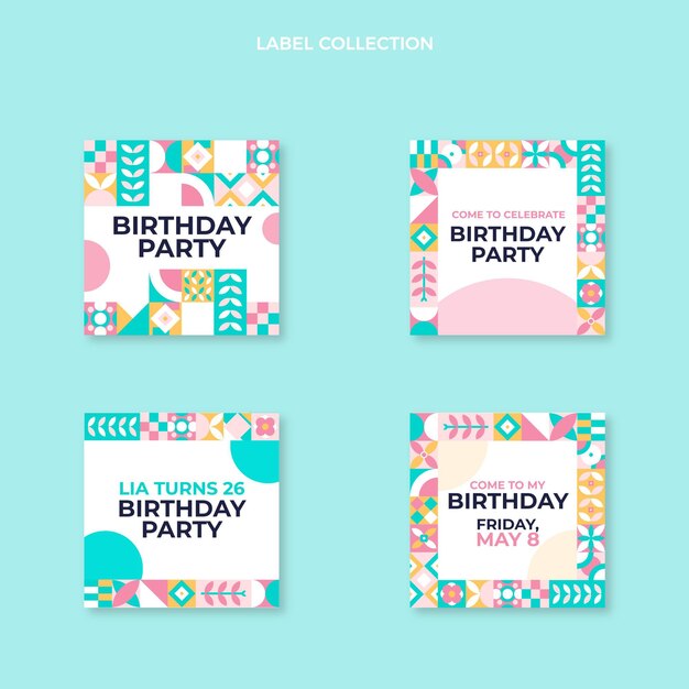 Etiquetas de cumpleaños de mosaico plano
