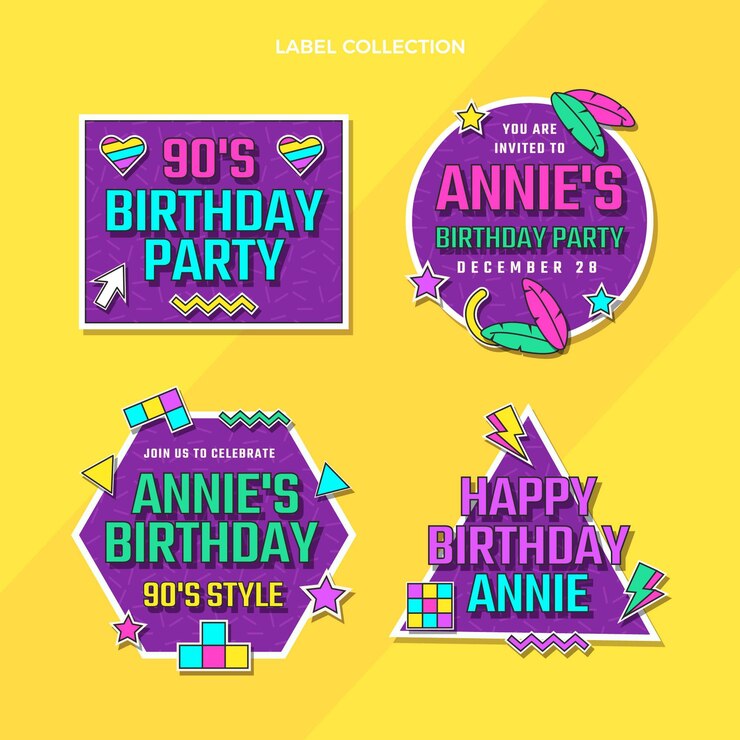 Vector gratuito etiquetas de cumpleaños nostálgicas de diseño plano de los 90