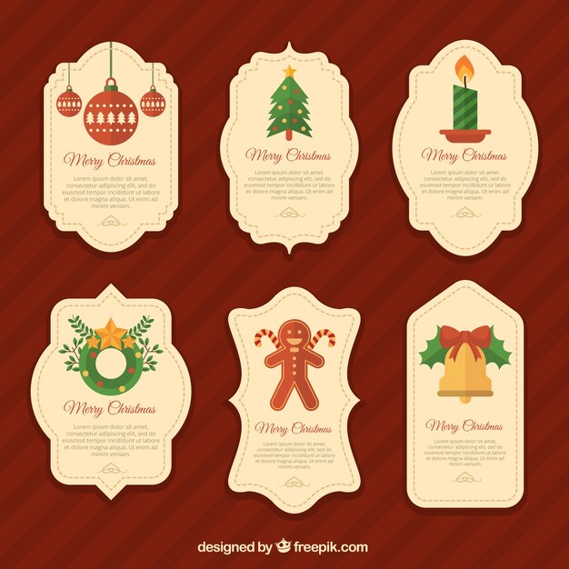 Etiquetas decorativas con elementos navideños en diseño plano