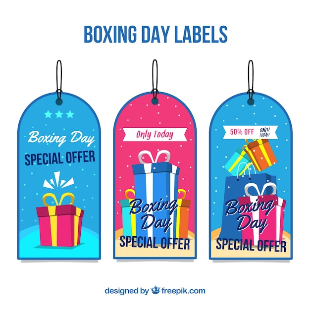 Etiquetas de descuento de boxing day con regalos
