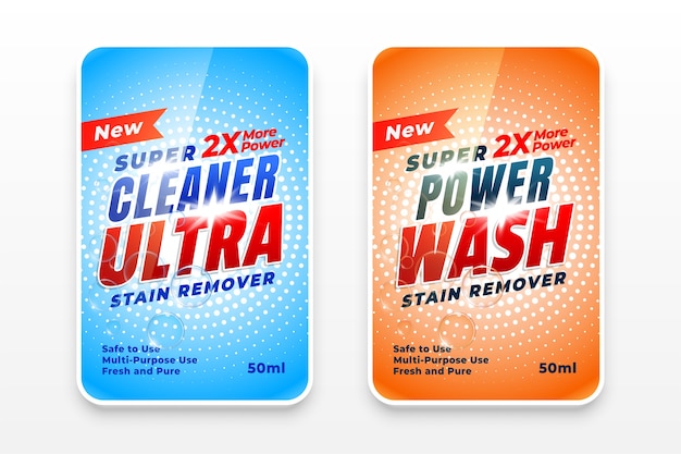 Vector gratuito etiquetas de detergente para ropa y ultra limpiadores