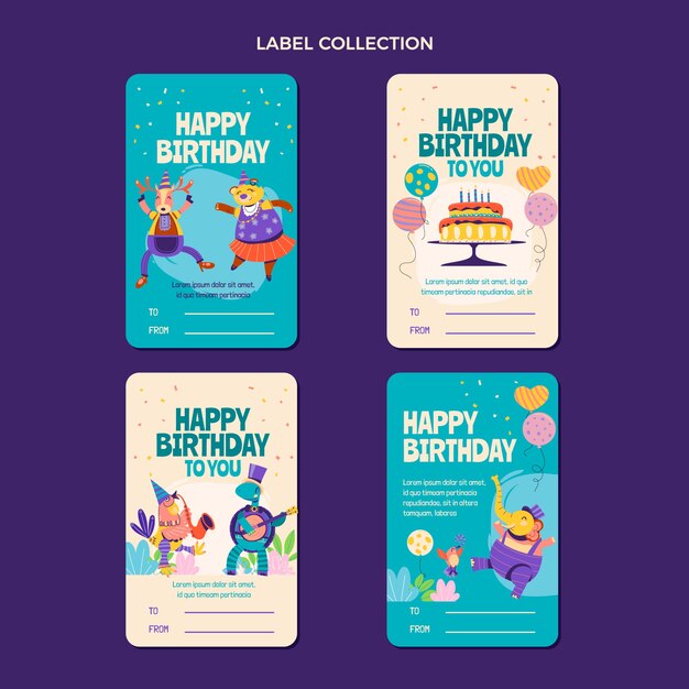 Etiquetas e insignias de cumpleaños infantiles dibujadas a mano