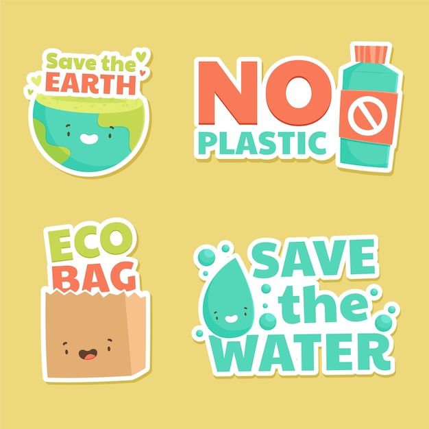 Etiquetas ecológicas de diseño plano dibujadas a mano