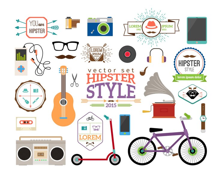 Vector gratuito etiquetas y elementos de infografías hipster. scooter y reproductor, tubo y plato, guitarra y cinta, relojes y bicicleta.