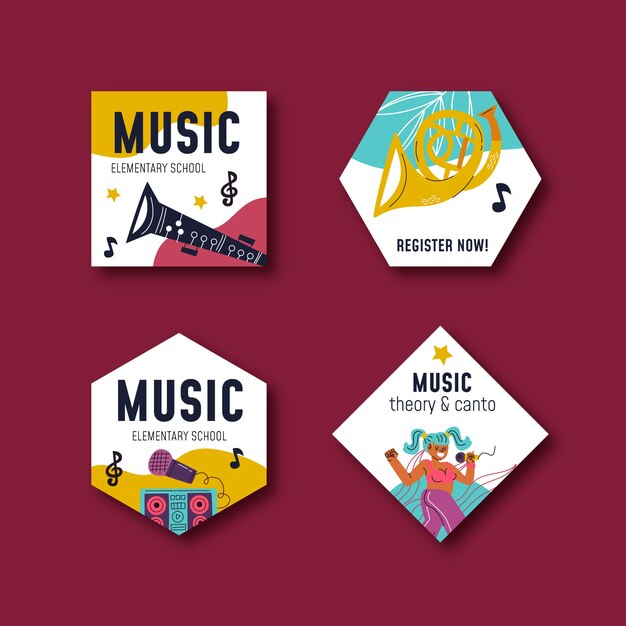 Etiquetas escolares de música dibujadas a mano