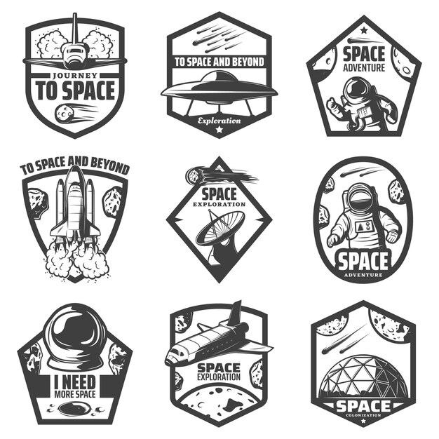 Etiquetas de espacio monocromo vintage con naves espaciales ovni astronautas cohete antena casco estación científica cometas meteoros aislados