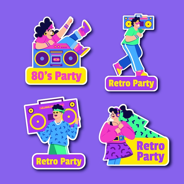 Vector gratuito etiquetas de fiesta de los 80 dibujadas a mano