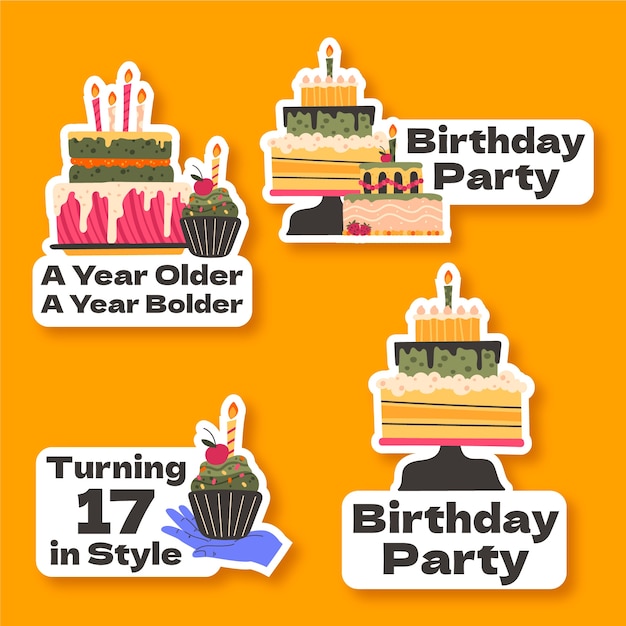 Etiquetas de fiesta de cumpleaños de diseño plano