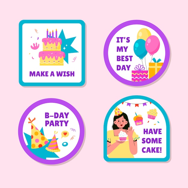 Vector gratuito etiquetas de fiesta de cumpleaños de diseño plano