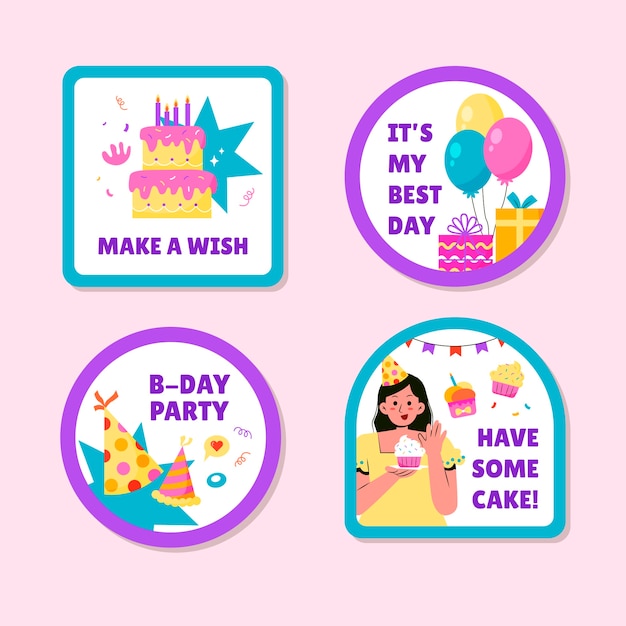 Etiquetas de fiesta de cumpleaños de diseño plano