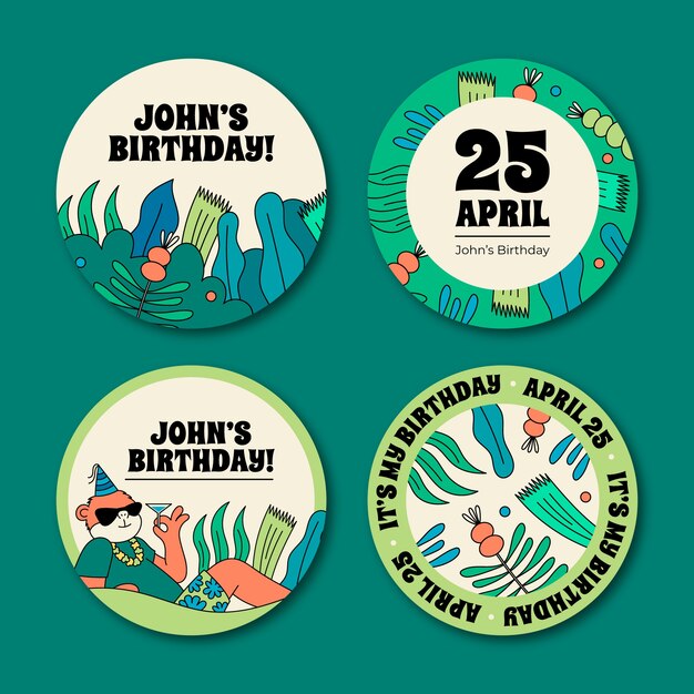 Etiquetas de fiesta de cumpleaños de la selva dibujadas a mano