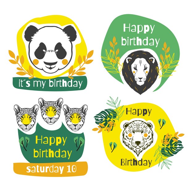 Etiquetas de fiesta de cumpleaños de la selva de dibujos animados dibujados a mano