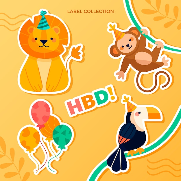 Etiquetas de fiesta de cumpleaños de la selva de diseño plano